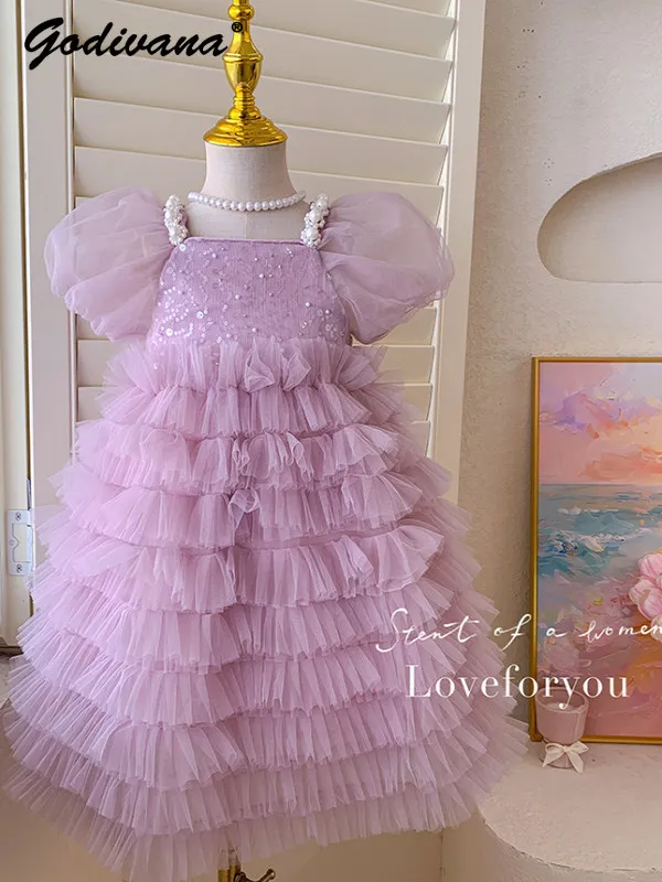Cute Baby Girls Elegant Princess Dress New Summer 2026 Kids Sweet Pearl Sequin Tulle Puff Sleeve Cake Birthday Party Ball Gown