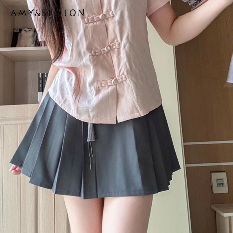 2024 New Casual Style Original Design National Style Summer Dark Blue Gray Slim Pleated Skirt Fashionable and Versatile For Girl