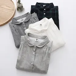 Women 100% Cotton Yarn Checkered Blouse Mori Girl Japan Fashion Long Sleeve Plaid Tops for Women 2024 Spring Shirts