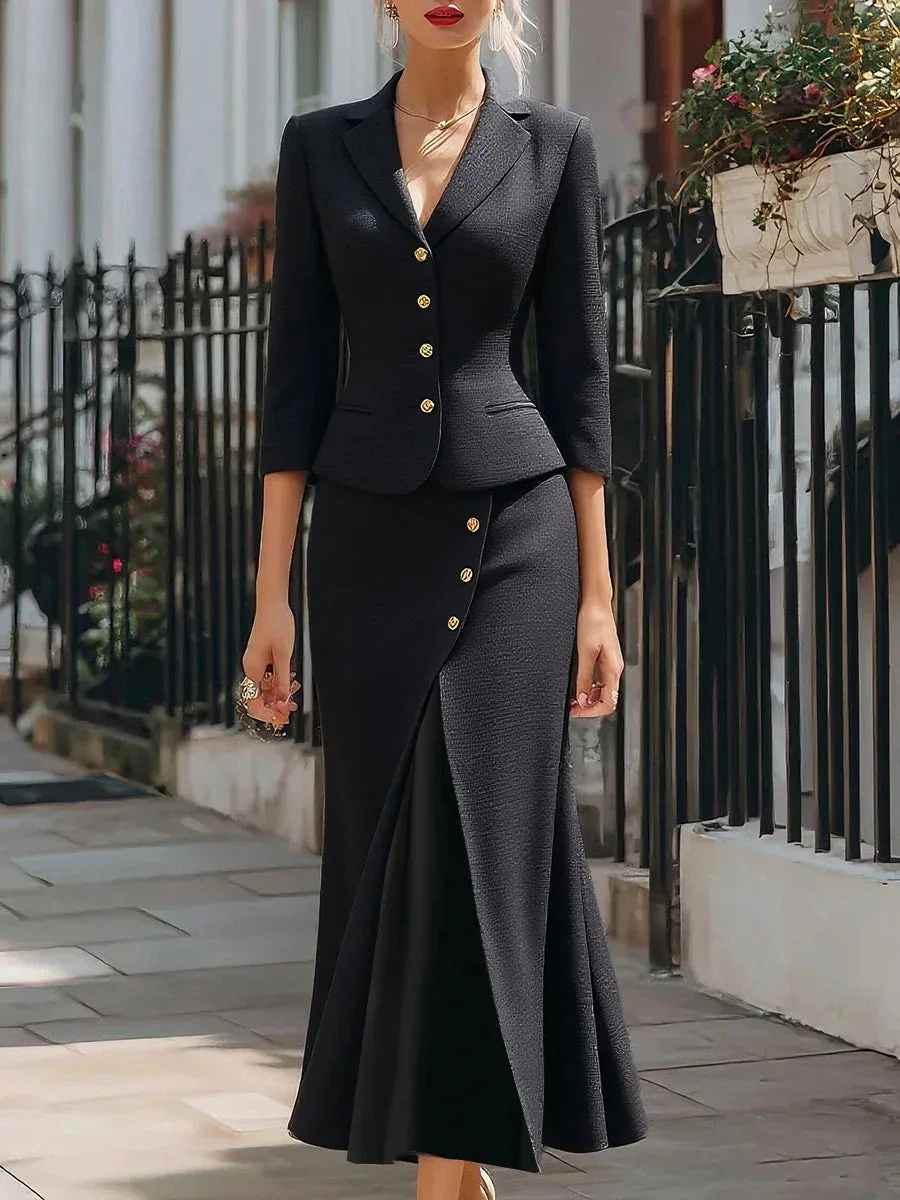 طقم نسائي جديد لخريف وشتاء 2025 مكون من قطعتين سترة متينة على الطراز الأوروبي الأمريكي + تنورة ميدي واحدة الصدر 3/4 كم وزر