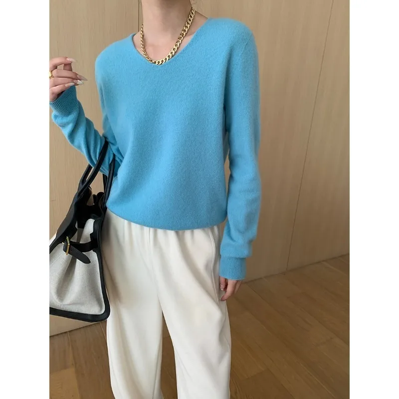 Seamless V-neck Wool Loose Fit Slimming Knitted Sweater 2024 Autumn Winter Warm Pullovers