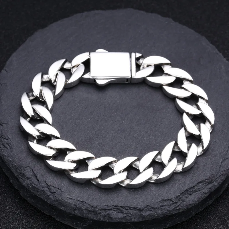 

925 sterling silver glossy bracelet thick type men's tank chain Cuban link chain trendy simple jewelry