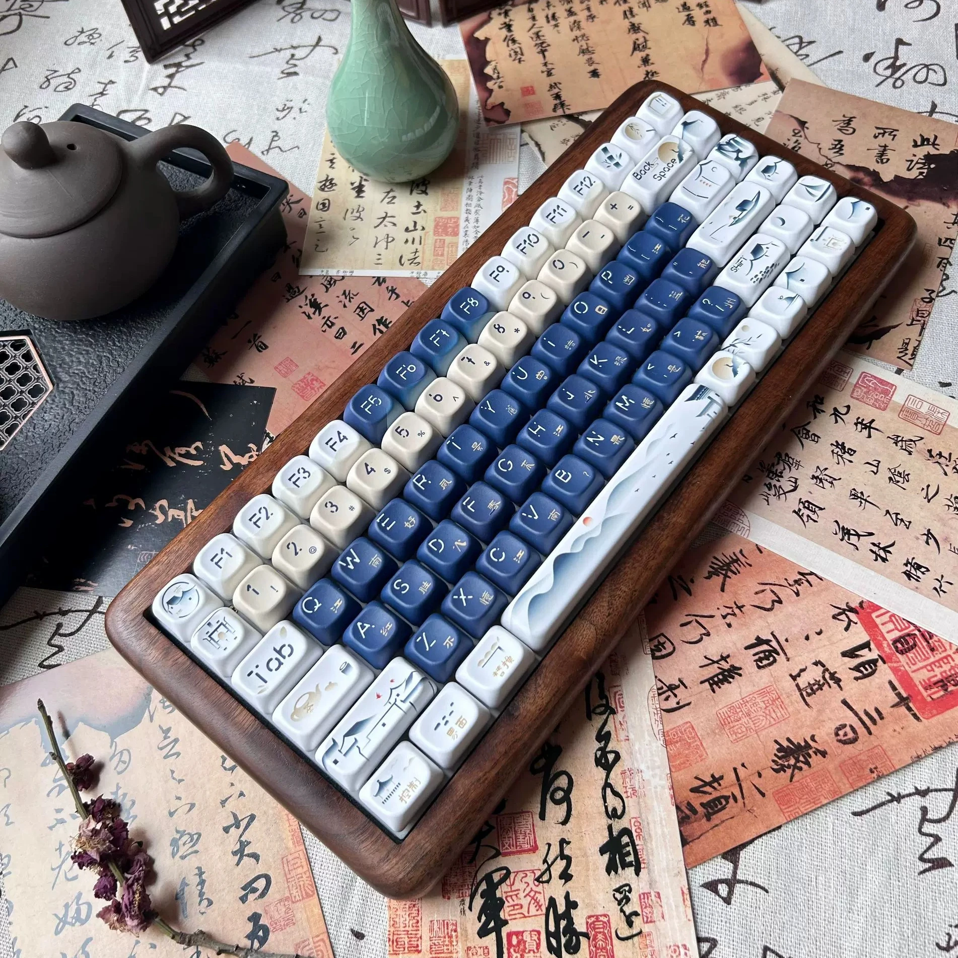 MAIMOOO [Remembering Jiangnan] Keycaps MDA/FOA Five Sided Thermal Sublimation Ancient Style Navy Blue Deep Blue Keycaps