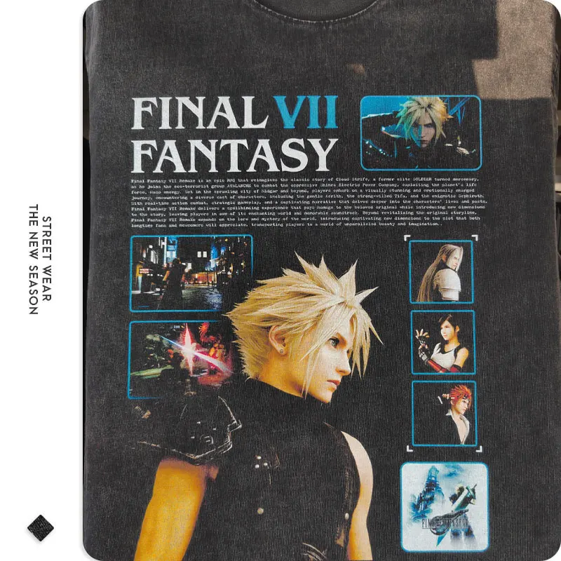 Cloud Strife T Shirt Hip Hop PC Game Final Fantasy Vii Vintage Washed Tops Tees Oversized Short Sleeve T-shirt  Man 100% Cotton