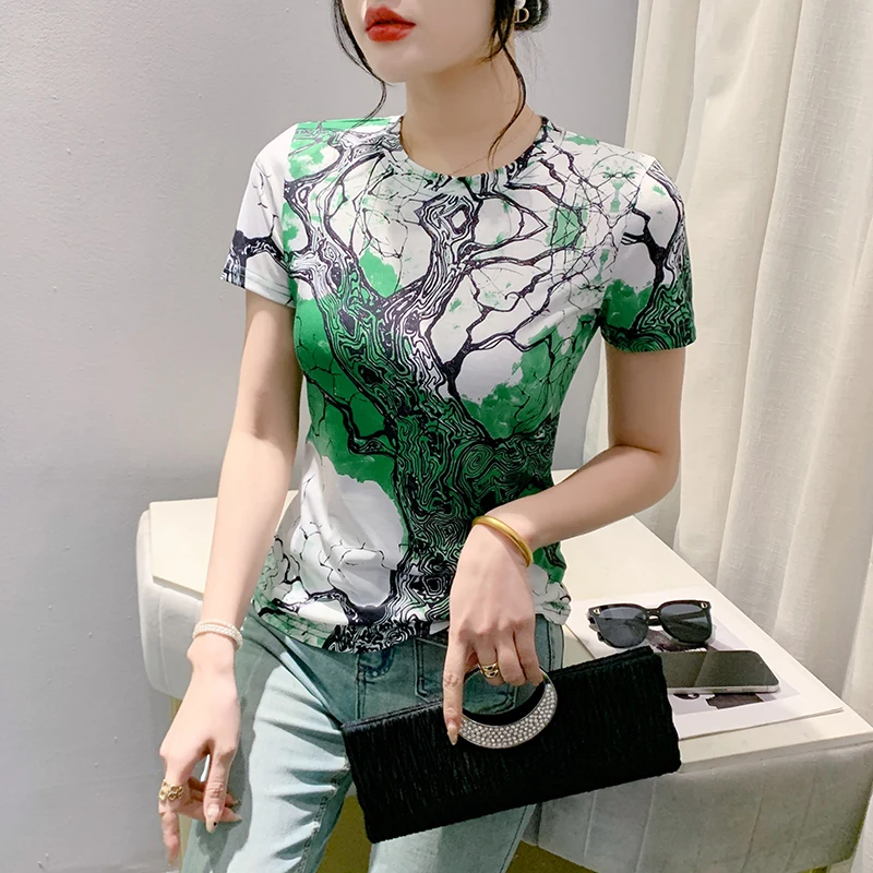 MadBlack-Women's European T-Shirt, Sexy O Neck Geometry Print, Streetwear Short Sleeve Slim S-3XL Knit Tee, 2026 Spring T61512CC