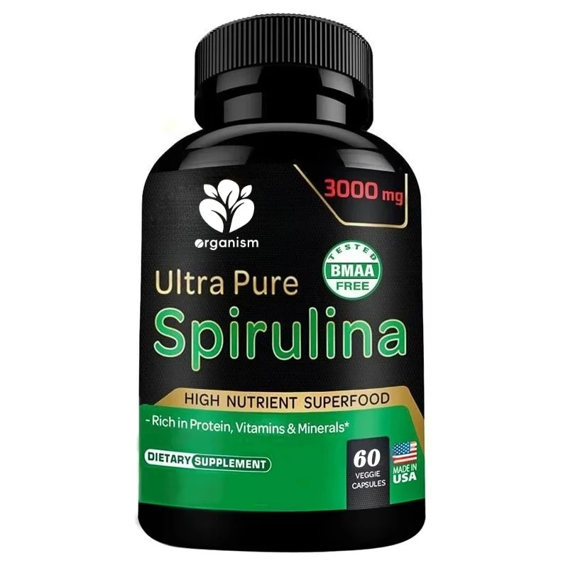 Organic Spirulina Powder 60 Capsules 300MG Best Original Vegetarian Protein - Green Superfood - Natural Multivitamin
