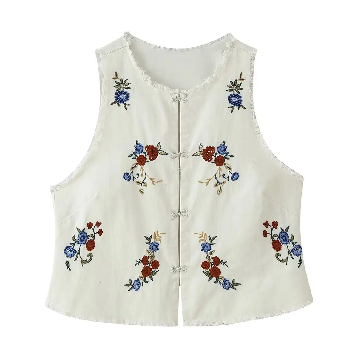 DUOPERI Women New Chinese Style Colorful Floral Embroidered Top Sleeveless Round Neck Raw Edge Vest Casual Vest