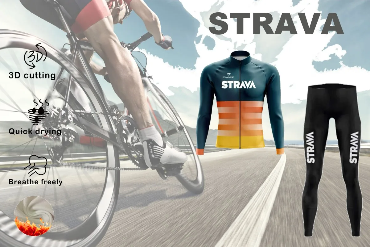 Strava Cycling Men's Winter Long Sleeve Bib Suit Warm Cycling Jacket Jersey Mountain Road Bike Christmas Thanksgiving Gifts