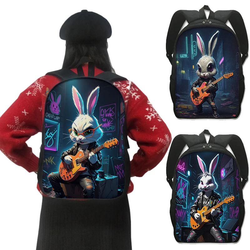 

Cool Rock Bunny Print Backpack Women Men Hip Hop School Bags Student for Teenager Rucksack Daypack Laptop Bookbags Gift