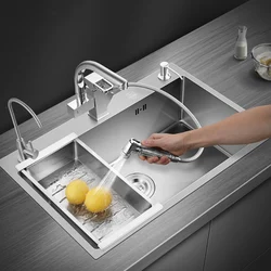 Fregadero de cocina de acero inoxidable, lavabo de un solo seno con grifo Gourmet, accesorios de drenaje