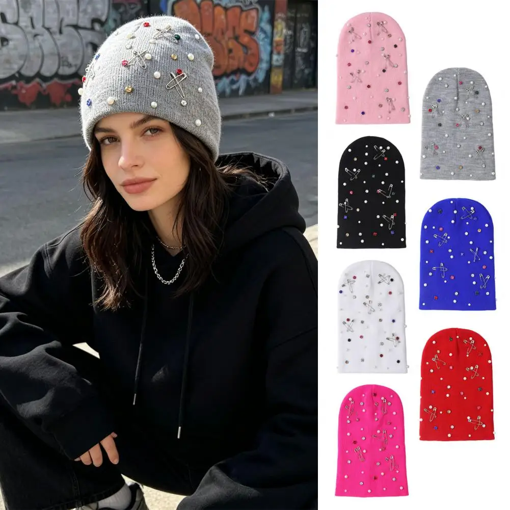 Rhinestones Studded Hat Pearls Outdoor Pullover Cap Skull Caps for Skiing Cycling Women Warm Bonnet Beaanies Casual Streetwear