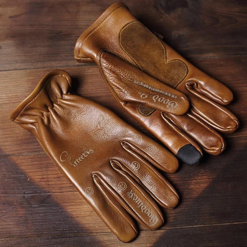 

Retro Worn Leather Gloves Top Layer Cowhide Men's Sports Outdoor Exploration Resistant to Wear And Fire Protection Full Leather