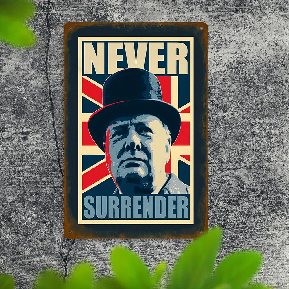 2D Flat, Vintage Churchill Style „Never Surrender“ Aluminium-Wandkunst – rustikales Metallposter mit britischem Flaggen-Design