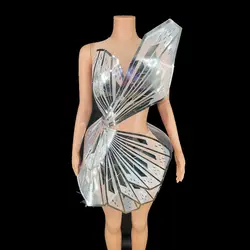 Sparkly Silver Sequins Butterfly Wings Rhinestones Dress for Women Performance Dance Costume Show Stage Wear Photo Shoot Dress