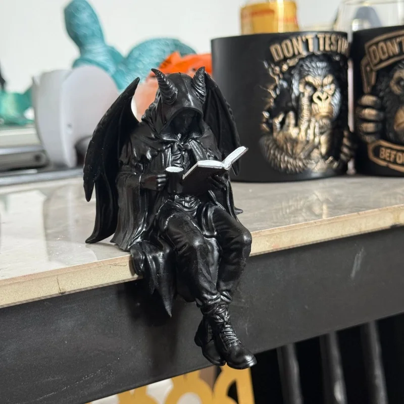 Gothic Demon Reading Book Shelf Sitter Statue, Black Resin Devil Figurine Spooky Halloween Home Decor Ornament For Desk