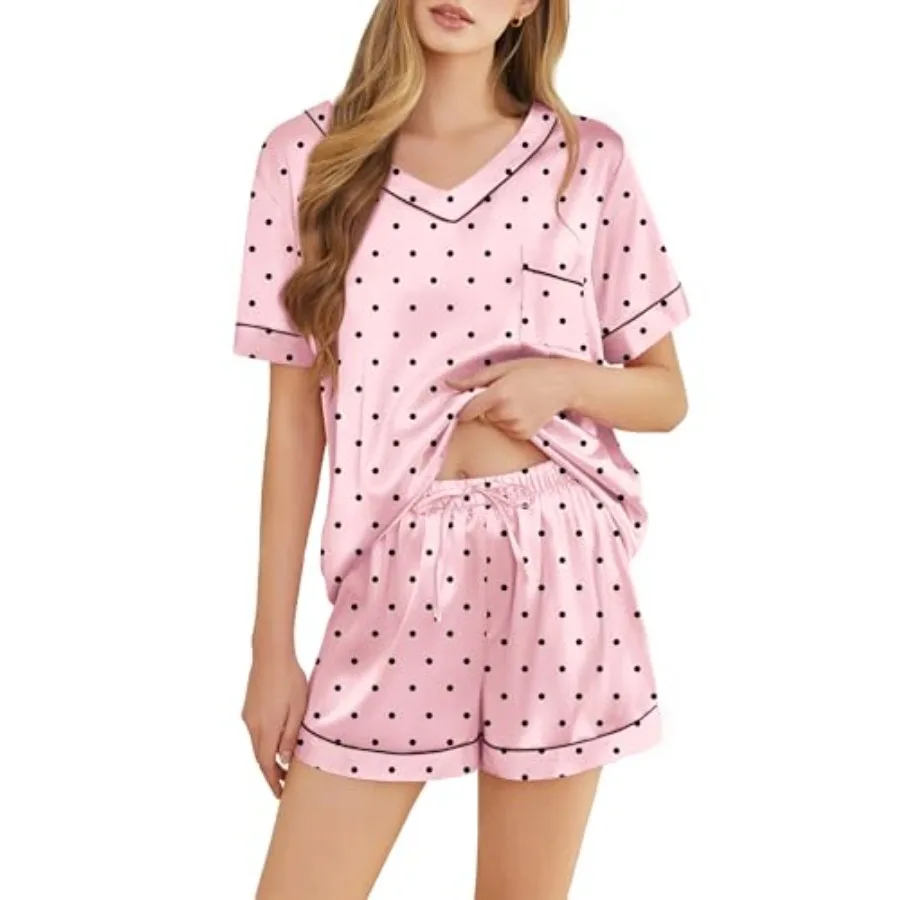 

Silk Pajamas for Women Short Sleeve Satin 2 Pcs Pj Set Soft V Neck Sleepwear Loungewear, S-XXL