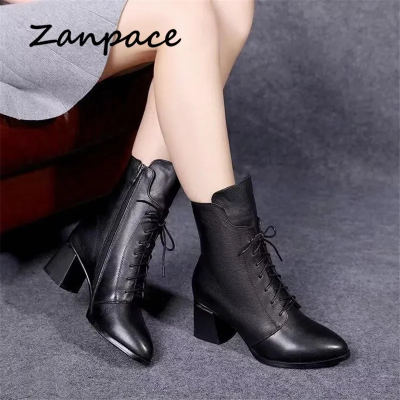 2021 New Leather Women Boots Thicked Velvet PU Women Shoes Women\'s High-heeled Cotton Keep Warm Winter Boots Zapatos De Mujer