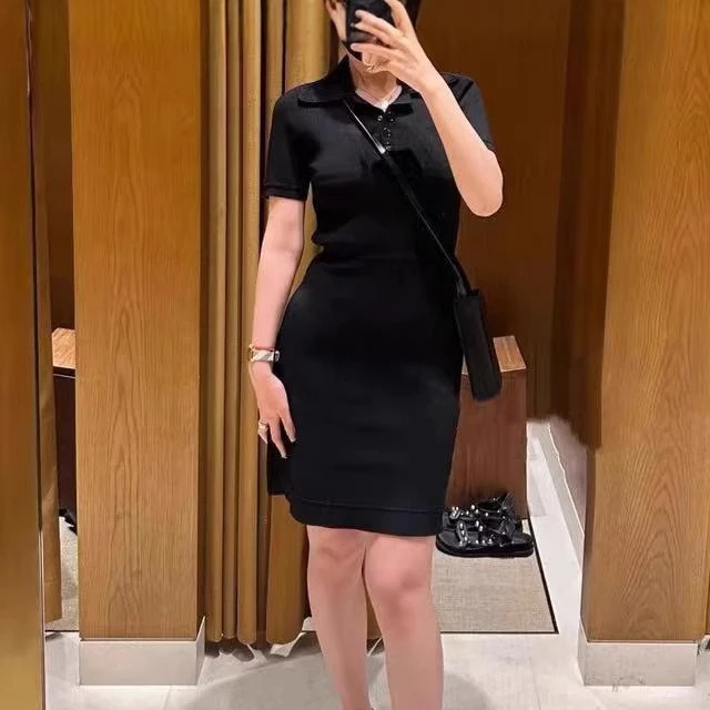 

Early Autumn New Simple POLO Collar Black Dress Women French Classic Slim Waist A-Line Knit Robe Ladies Elegant