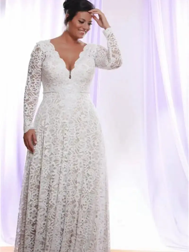Plus Size Full Lace Wedding Dresses with Removable Long Sleeves V Neck Bridal Gowns Floor Length A Line Wedding Gowns