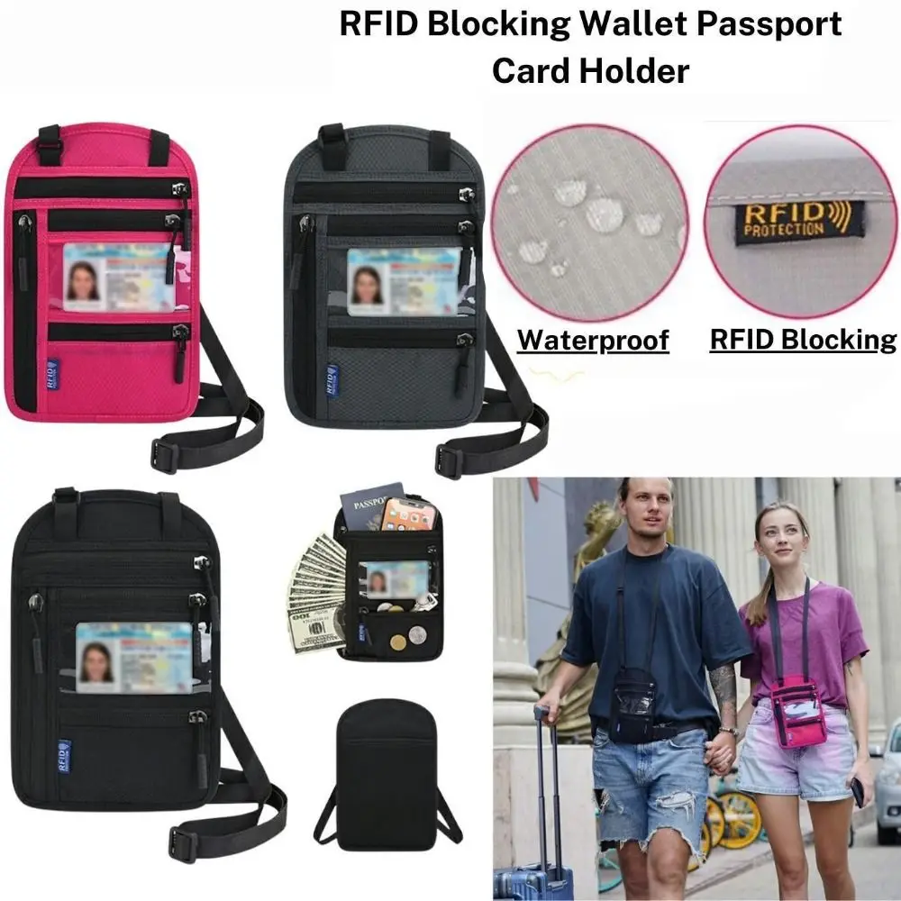 Nylon RFID Blocking Passport Bag Anti-theft with Adjustable Neck Strap Travel Neck Wallet Water Repellent Security Stash Pouch