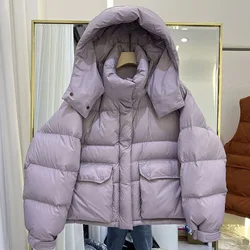 Short Puffer Coat Winter Women's White Duck Down Jacket Hooded Thick Warm Loose Overcoat Female Parkas Ladies Outwear