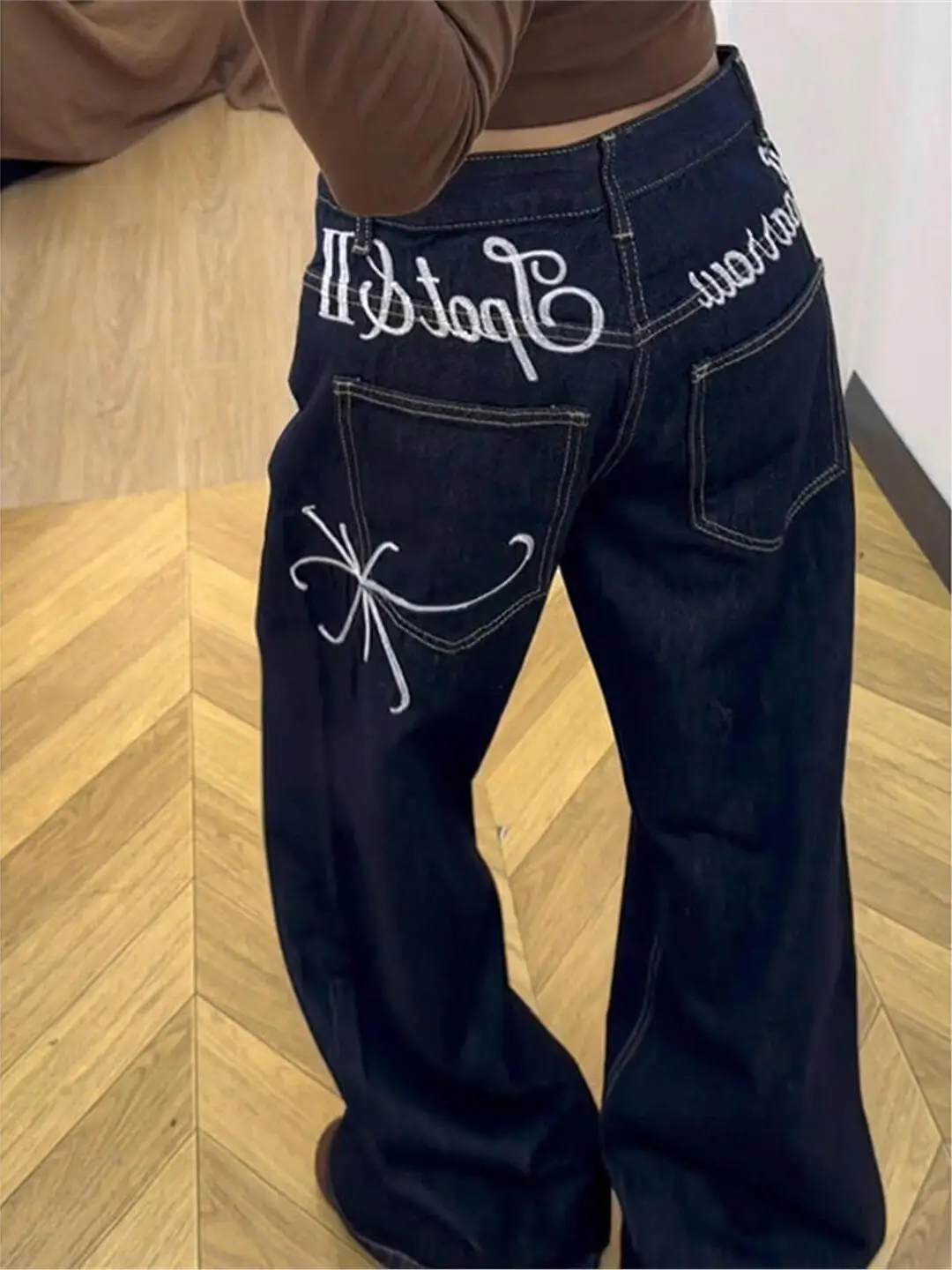 

Blue Floral Letter Embroidery Denim Jeans Men's Zipper Straight Leg Pants Spring Summer Autumn Winter Universal Slim Fit Design
