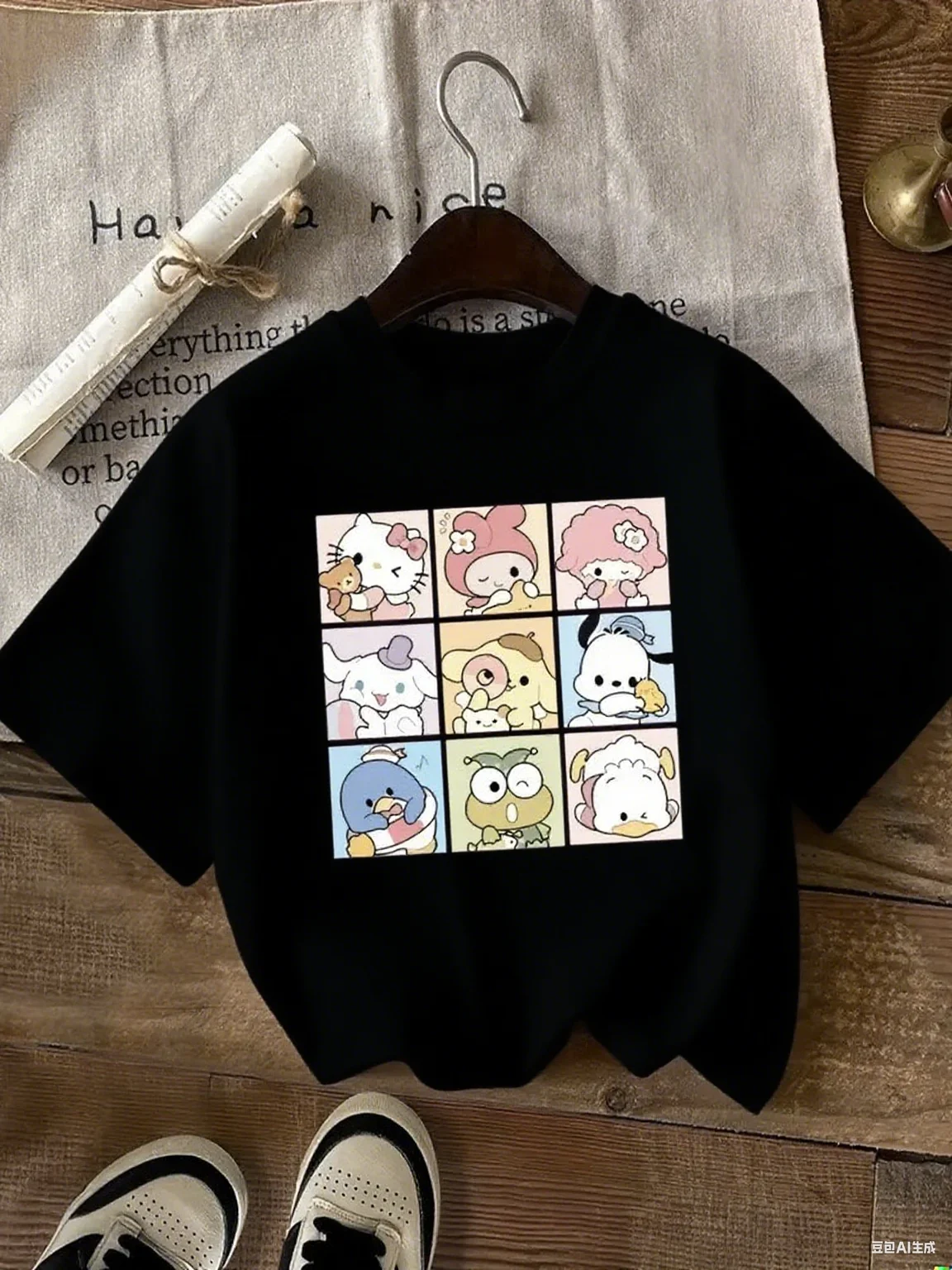 

Sanrio Multi Character Cotton Tee Cute 9 Grid Character Print with Hello Kitty My Melody and Friends Adorable Design Tee S-4XL