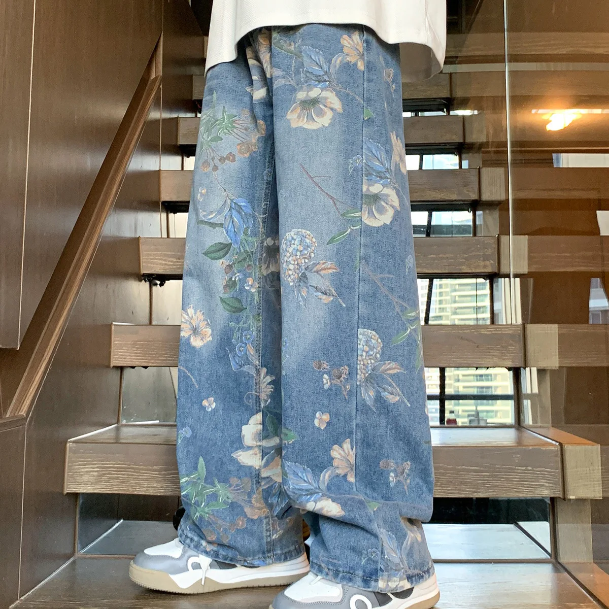 Printed Jeans Men's 2026 Spring Loose and Versatile Design Sense Mopping Wide-leg Pants