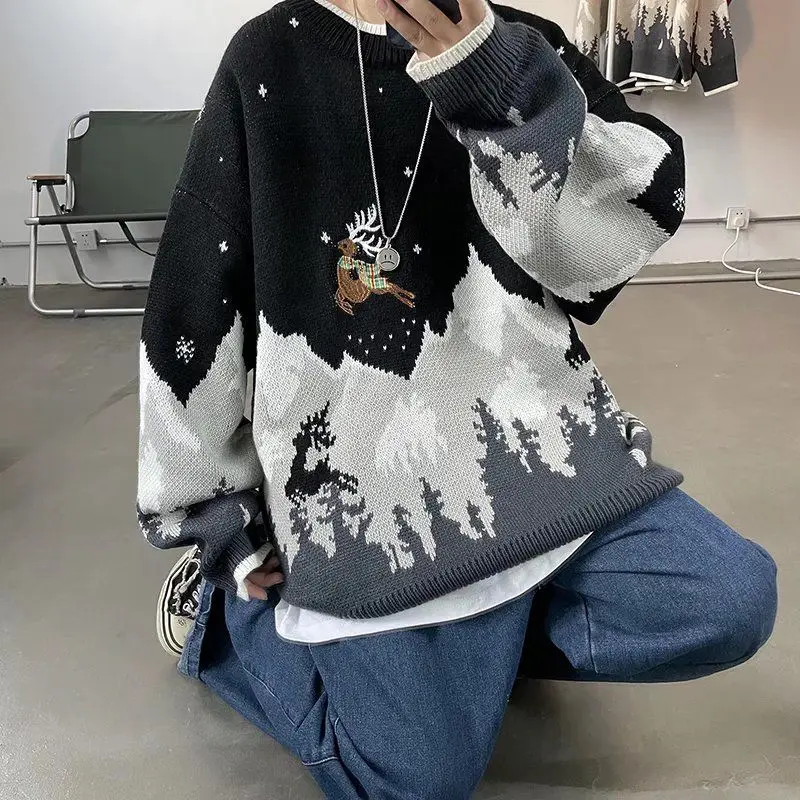 Korean Elk Christmas Pullover Autumn Winter Men\'s Fashion Printed Round Neck Long Sleeve Sweater Comfortab Loose Knitted Top