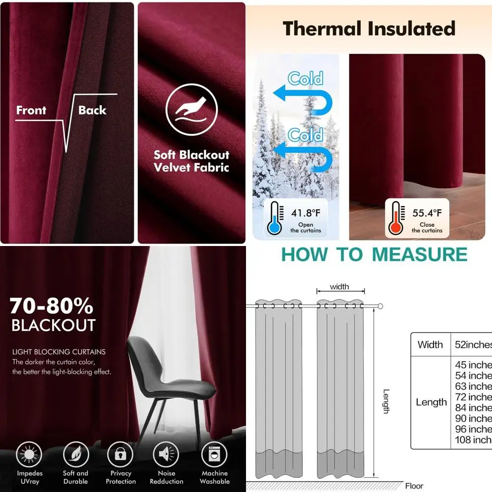 

Thermal Insulated Burgundy Velvet Curtains, Solid Red Blackout, Grommet Top, 52x90 for Living/Bedroom, 2 Panels