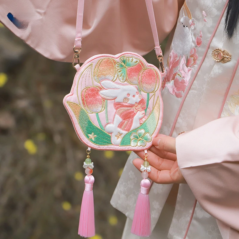 Chinese Style Hanfu Accessories Cute Rabbit Embroidery Kids Bag Crossbody Hanfu Purse Traditional Costume Matching
