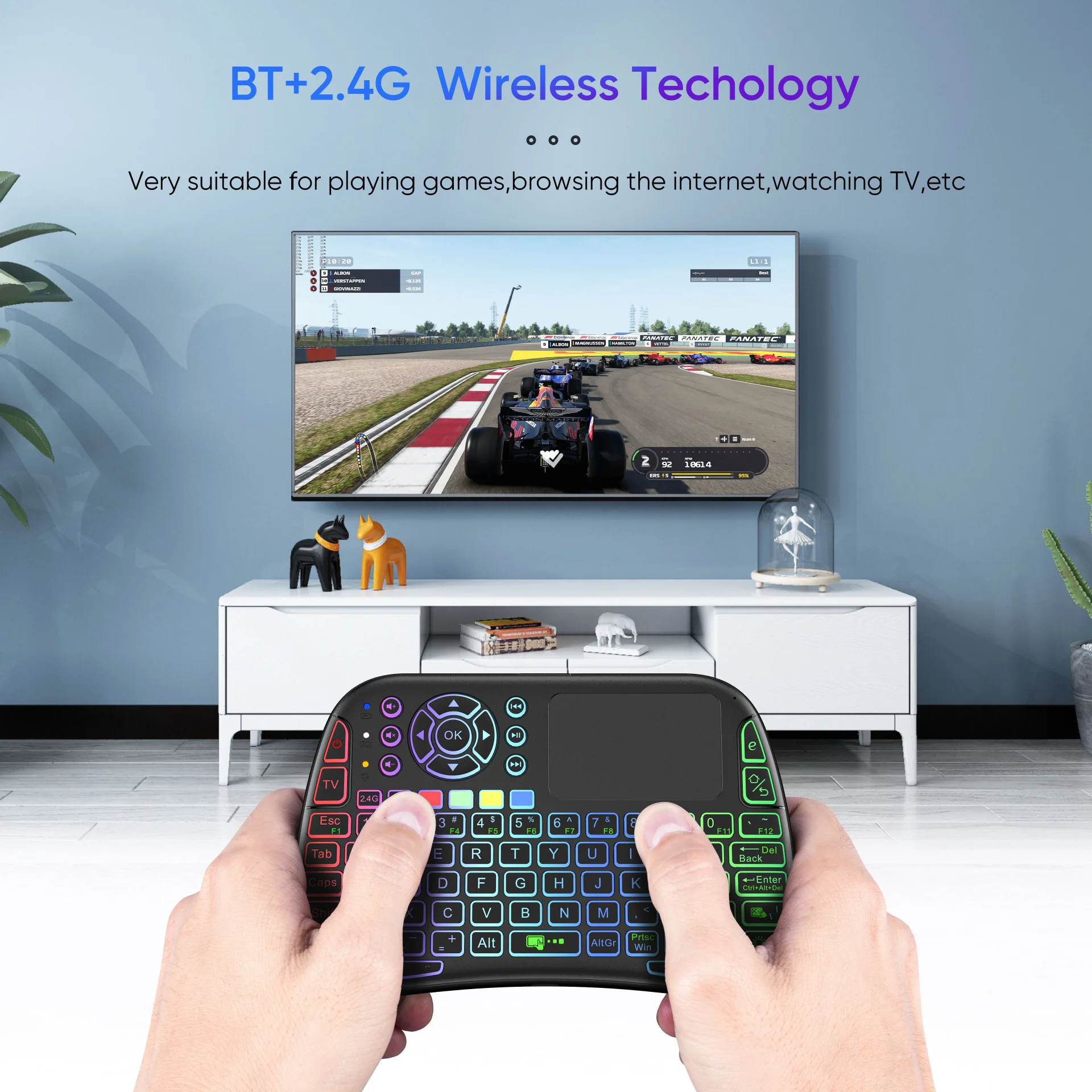 

New M9 Touch Backlit Air Remote Mini Flying Mouse Keyboard with RGB Colorful Lighting, Dual-Mode Infrared, and Voice Features