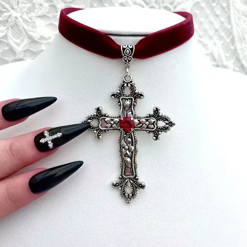 Gothic Large Cross Black Velvet Choker Vintage Cross Pendant Necklace Collar Grunge Women Men Accessories Jewelry