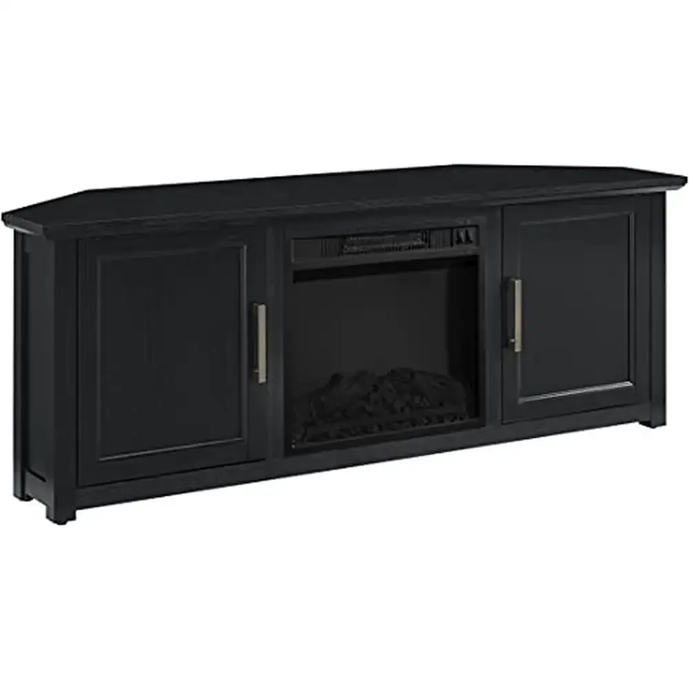 Corner TV Stand with Electric Fireplace Black 58-inch Adjustable Rustic Style Living Room Wood Cabinet Fits TVs up to 65