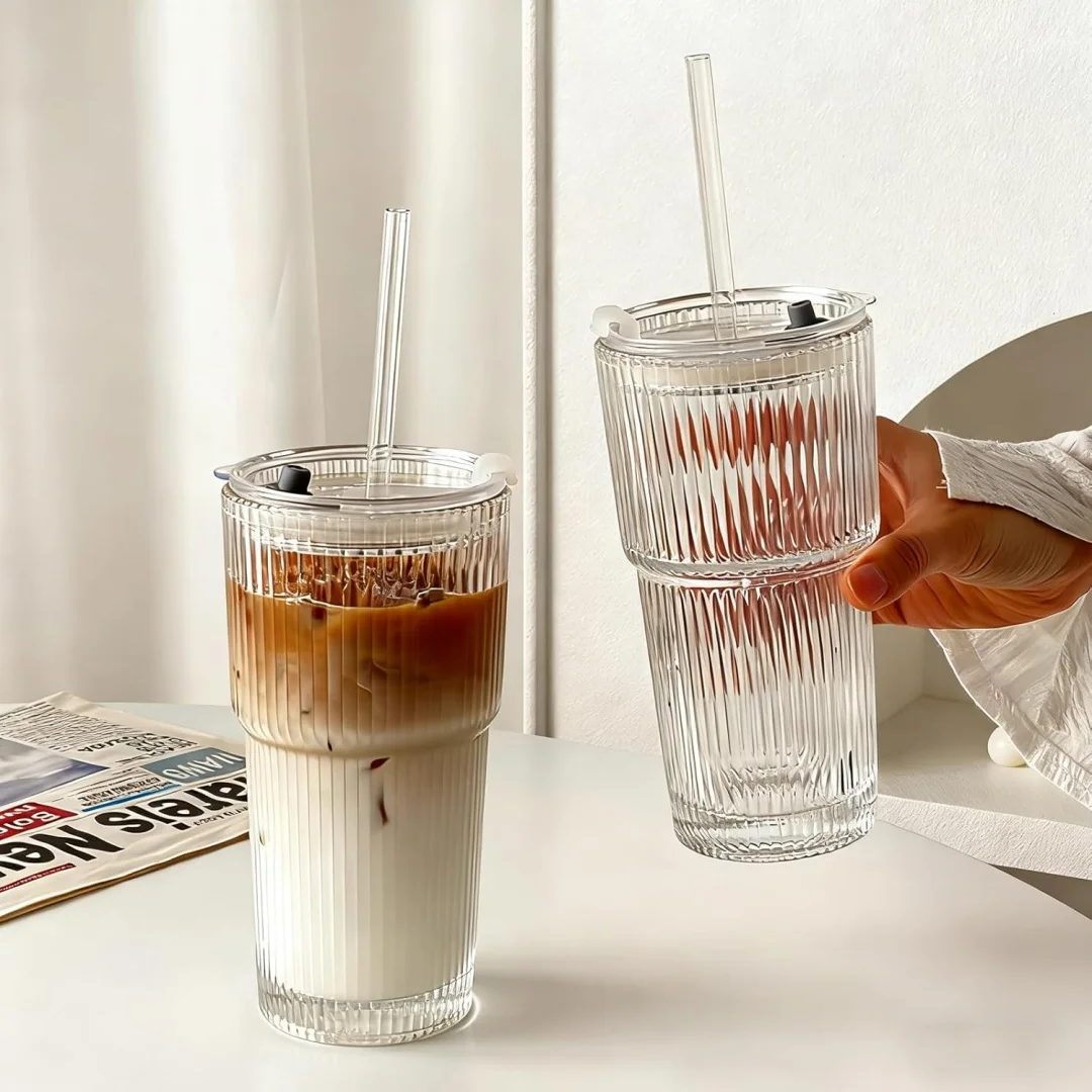 Vaso de Vidrio Acanalado con Tapa y Pajita - Taza de Café Helado con Rayas Verticales, Vaso de Agua de Vidrio Reutilizable para Smoothies, Boba y Bebidas Frías