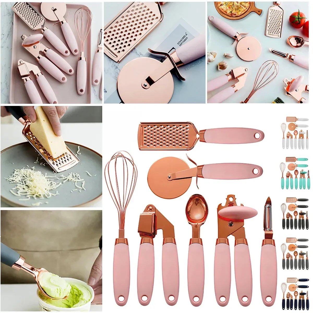 

Kitchen Gadget Set Rose Gold Stainless Steel Garlic Press Pizza Cutter Can Opener Peeler Copper Coated Cooking Utensil Accessory