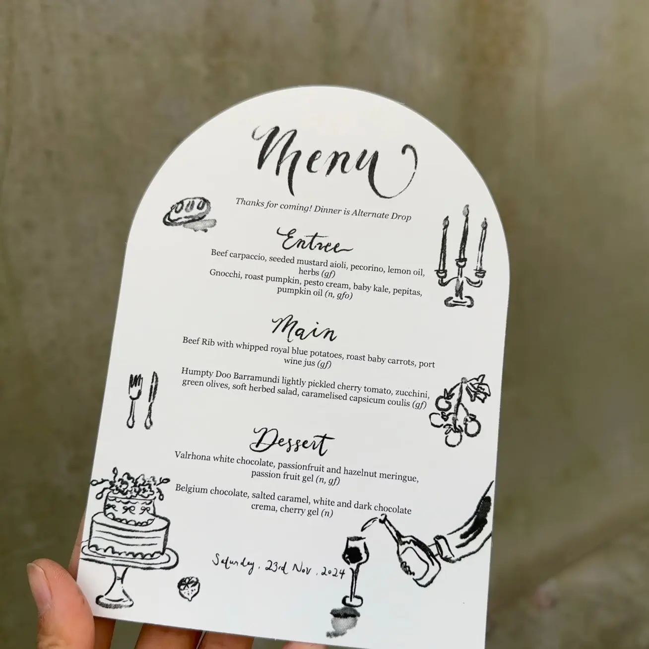 Custom simple Arch menu card with guest name printing