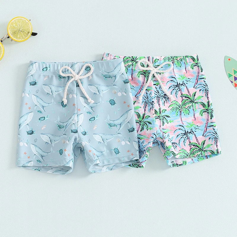 Kids Boys Swim Trunks Summer Dinosaur/Plaid/Turtle Print Elastic Drawstring Board Shorts Toddler Swimwear Bathing Suit