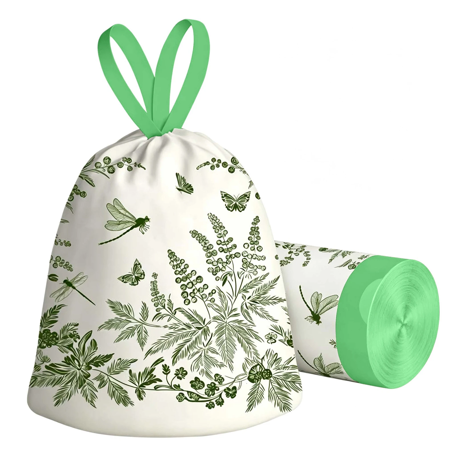  60pcs Plant Printed Drawstring Waste Bags for Kitchen Household Garbage Bags Portable Trash Bags with Handles