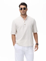 Summer Men's Casual 100% Cotton Henley Shirts, Solid Color Short Sleeve Hawaii Beach Shirts Daily Button Down Breathable Tee