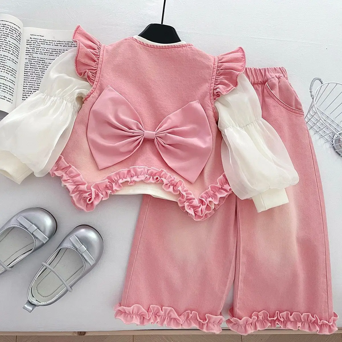 Girls Floral Denim Vest 3-Piece Set: Lace Trim Top + Basic Tee & Wide Leg Pants  Spring Autumn