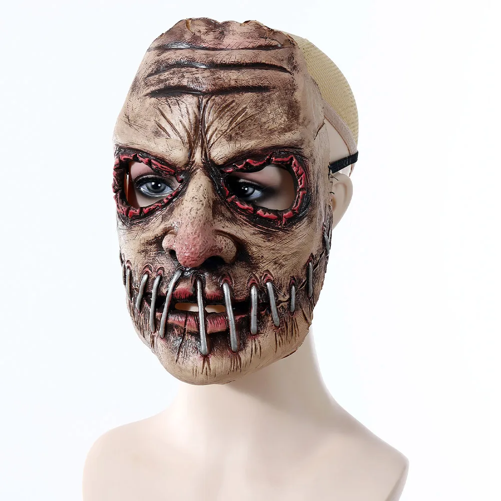 Horror Scary Stage Disguise Costume Accessories Bloody Pinned Mouth Cosplay Fantasy Mask Adult Men Roleplay Fantasia Props Male