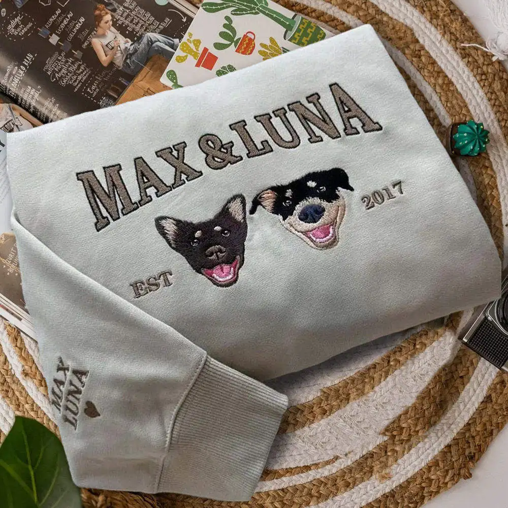 ZHAYA Custom Embroidered Pet T Shirt Hoodie Cat Dog Photo Couple Portrait Cotton DIY Gift for Owner Matching Apparel - view 2
