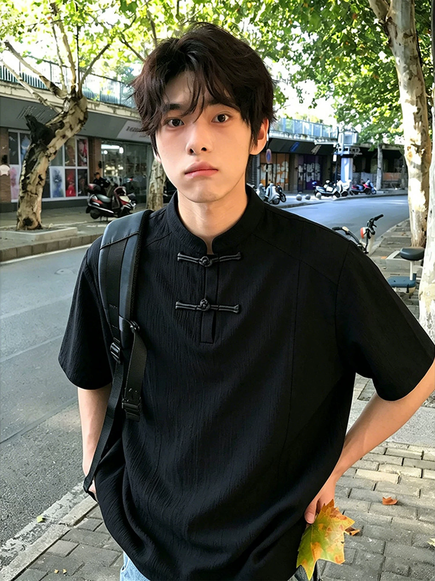 White Texture Quick Dry Short Sleeve Men's  Shirt Summer Splice Design Half Sleeve Stand Collar Button up Shoulder T-Shirt