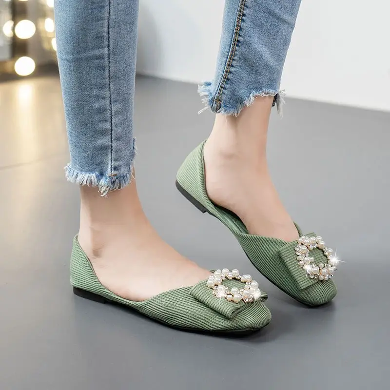 Cute Green Square Toe with Crystals Ladies Summer Footwear Pink Flats Rhinestone Kawaii Black Shoes for Women 2024 Diamond Flat