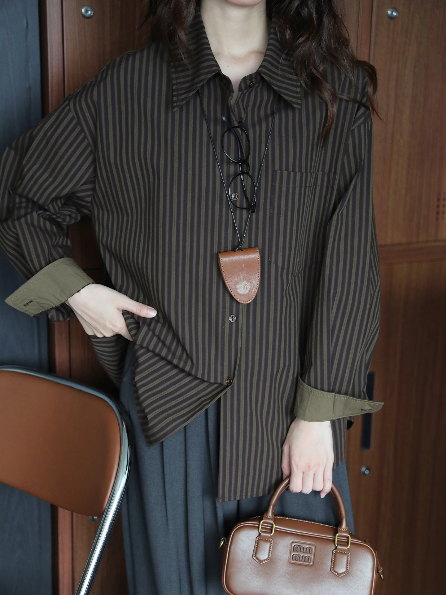 

Retro Striped Color Blo Long Sve Collared Cotton Casual irt Loose Fit Outerwear Inner Wear Jaet Top for Commuting