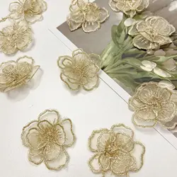 10Pcs Golden Lace Applique Handmade Patch Flower Bride Wedding Dress For Clothing Sewing Accessories Crafts 4cm Wide