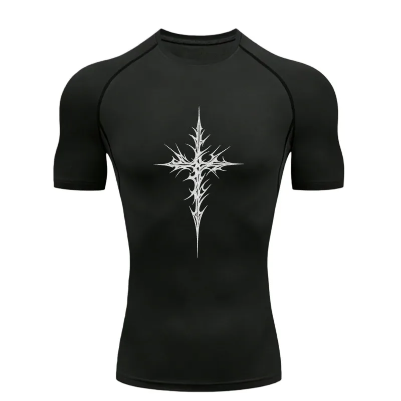 

Spiked Cross Design 2026 Men Sports T-shirt Training Fitness Compression Workout T-Shirt Quick Dry Short Sleeve T-Shirt For Men