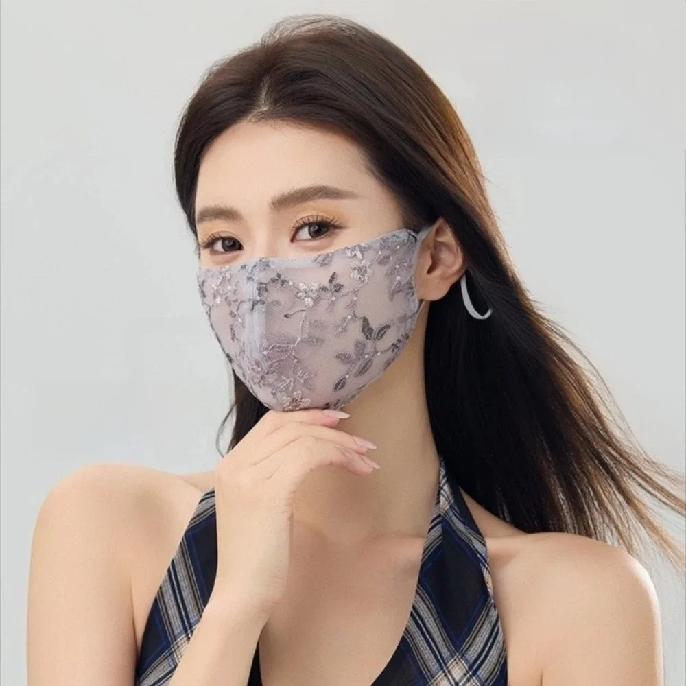 Fashion Embroider Flower Summer Lace Mask Thin Breathable Half Face Covering Sun Protection Face Shield Women