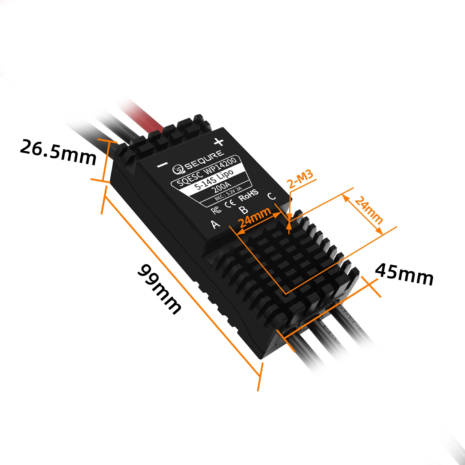 SEQURE WP14200 IP68 Wasserdichter bürstenloser ESC 5-14S Lipo 200A Elektrischer Geschwindigkeitsregler für eFoil Elektro-Surfbrett Kajak RC Auto